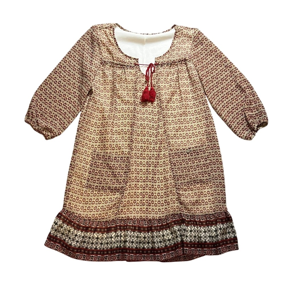 AUW Boho Geometric Floral Print Tassel Tie Mini Dress Large Bohemian Fairycore
